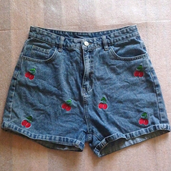 Cider Pants - Women's Jean Shorts with Cherry Print